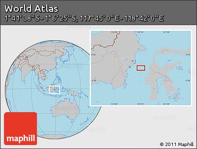 Gray Location Map of the Area around 1° 24' 2" S, 118° 13' 29" E