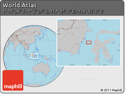 Gray Location Map of the Area around 1° 24' 2" S, 118° 13' 29" E