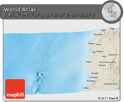 Shaded Relief 3D Map of the Area around 1° 24' 2" S, 119° 4' 29" E