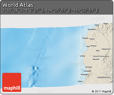 Shaded Relief 3D Map of the Area around 1° 24' 2" S, 119° 4' 29" E