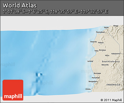 Shaded Relief 3D Map of the Area around 1° 24' 2" S, 119° 4' 29" E