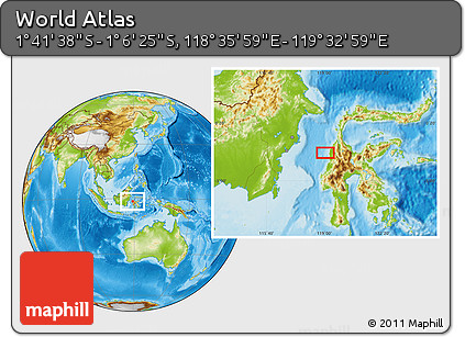 Physical Location Map of the Area around 1° 24' 2" S, 119° 4' 29" E
