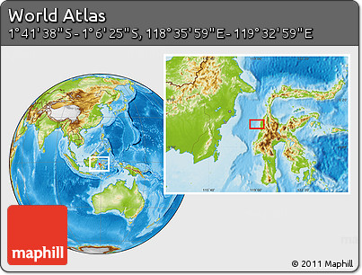 Physical Location Map of the Area around 1° 24' 2" S, 119° 4' 29" E