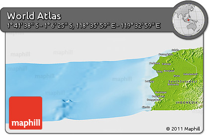 Physical Panoramic Map of the Area around 1° 24' 2" S, 119° 4' 29" E