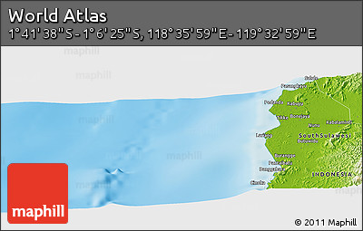 Physical Panoramic Map of the Area around 1° 24' 2" S, 119° 4' 29" E
