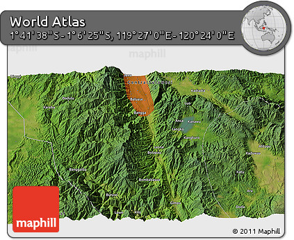 Satellite 3D Map of the Area around 1° 24' 2" S, 119° 55' 30" E