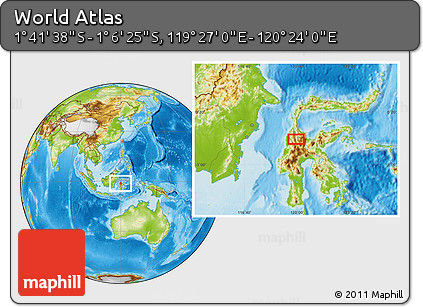 Physical Location Map of the Area around 1° 24' 2" S, 119° 55' 30" E