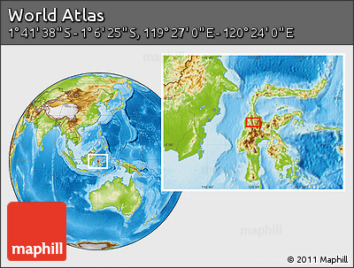Physical Location Map of the Area around 1° 24' 2" S, 119° 55' 30" E