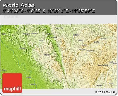 Physical 3D Map of the Area around 1° 24' 2" S, 11° 7' 30" E