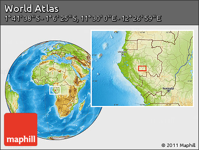 Physical Location Map of the Area around 1° 24' 2" S, 11° 58' 29" E
