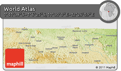 Physical Panoramic Map of the Area around 1° 24' 2" S, 11° 58' 29" E