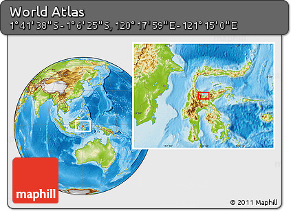 Physical Location Map of the Area around 1° 24' 2" S, 120° 46' 30" E