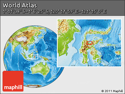 Physical Location Map of the Area around 1° 24' 2" S, 120° 46' 30" E