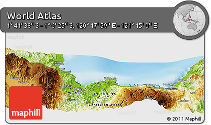 Physical Panoramic Map of the Area around 1° 24' 2" S, 120° 46' 30" E