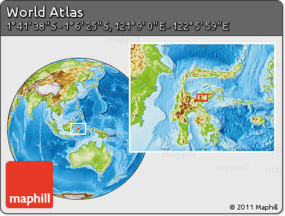 Physical Location Map of the Area around 1° 24' 2" S, 121° 37' 30" E