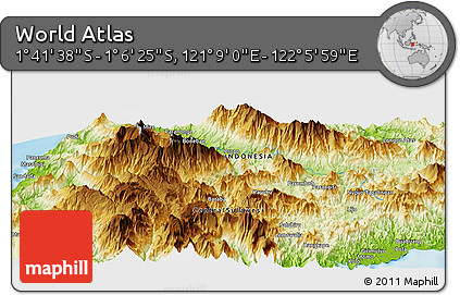 Physical Panoramic Map of the Area around 1° 24' 2" S, 121° 37' 30" E