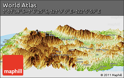 Physical Panoramic Map of the Area around 1° 24' 2" S, 121° 37' 30" E