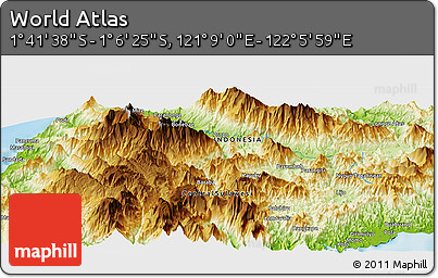 Physical Panoramic Map of the Area around 1° 24' 2" S, 121° 37' 30" E
