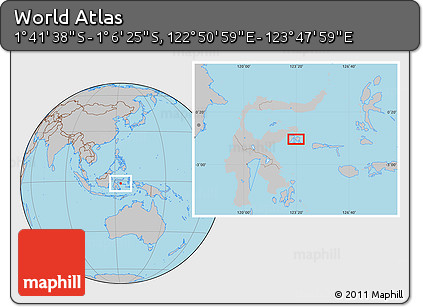 Gray Location Map of the Area around 1° 24' 2" S, 123° 19' 29" E