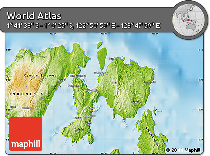 Physical Map of the Area around 1° 24' 2" S, 123° 19' 29" E