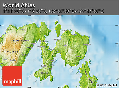 Physical Map of the Area around 1° 24' 2" S, 123° 19' 29" E