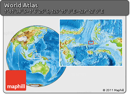 Physical Location Map of the Area around 1° 24' 2" S, 126° 43' 29" E