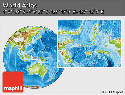 Physical Location Map of the Area around 1° 24' 2" S, 126° 43' 29" E