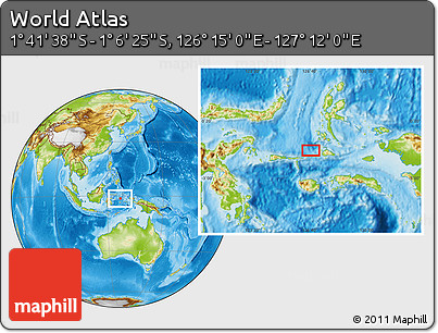 Physical Location Map of the Area around 1° 24' 2" S, 126° 43' 29" E