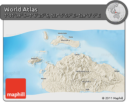 Shaded Relief 3D Map of the Area around 1° 24' 2" S, 127° 34' 30" E