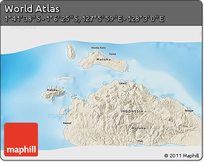 Shaded Relief 3D Map of the Area around 1° 24' 2" S, 127° 34' 30" E