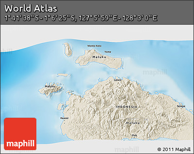 Shaded Relief 3D Map of the Area around 1° 24' 2" S, 127° 34' 30" E