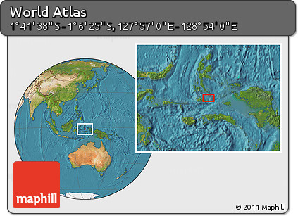 Satellite Location Map of the Area around 1° 24' 2" S, 128° 25' 30" E