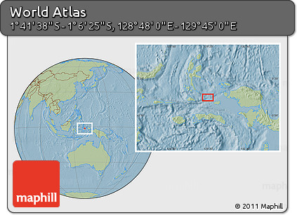 Savanna Style Location Map of the Area around 1° 24' 2" S, 129° 16' 30" E, hill shading