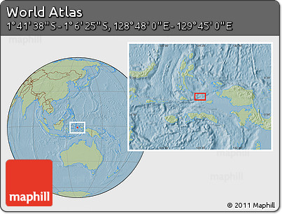 Savanna Style Location Map of the Area around 1° 24' 2" S, 129° 16' 30" E, hill shading