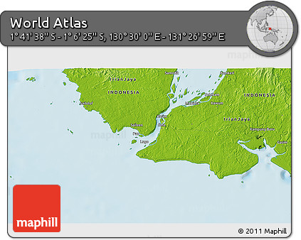 Physical 3D Map of the Area around 1° 24' 2" S, 130° 58' 29" E