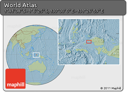 Savanna Style Location Map of the Area around 1° 24' 2" S, 130° 58' 29" E, hill shading