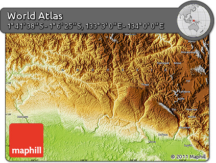 Physical Map of the Area around 1° 24' 2" S, 133° 31' 30" E