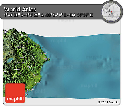 Satellite 3D Map of the Area around 1° 24' 2" S, 134° 22' 30" E
