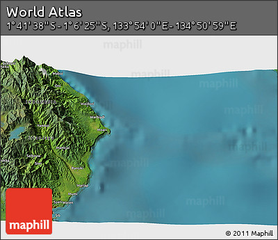 Satellite 3D Map of the Area around 1° 24' 2" S, 134° 22' 30" E
