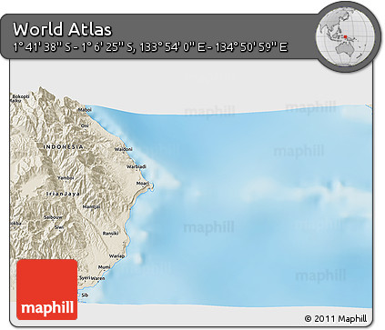 Shaded Relief 3D Map of the Area around 1° 24' 2" S, 134° 22' 30" E