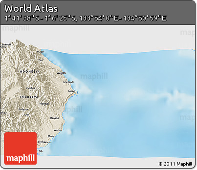 Shaded Relief 3D Map of the Area around 1° 24' 2" S, 134° 22' 30" E