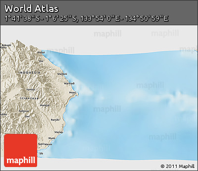 Shaded Relief 3D Map of the Area around 1° 24' 2" S, 134° 22' 30" E