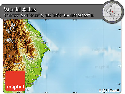 Physical Map of the Area around 1° 24' 2" S, 134° 22' 30" E