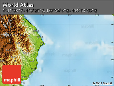 Physical Map of the Area around 1° 24' 2" S, 134° 22' 30" E