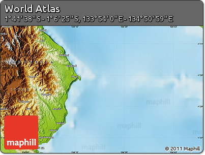 Physical Map of the Area around 1° 24' 2" S, 134° 22' 30" E