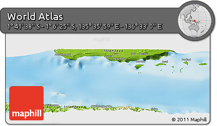 Physical Panoramic Map of the Area around 1° 24' 2" S, 136° 4' 29" E