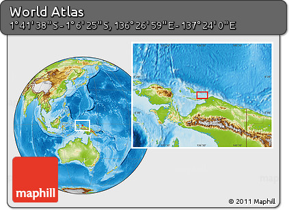 Physical Location Map of the Area around 1° 24' 2" S, 136° 55' 30" E