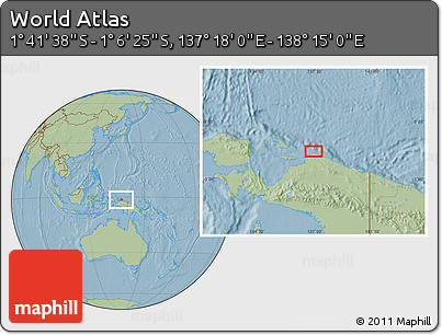 Savanna Style Location Map of the Area around 1° 24' 2" S, 137° 46' 30" E, hill shading