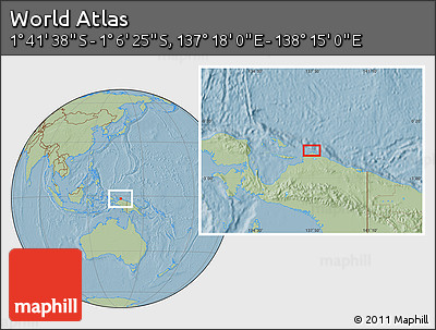 Savanna Style Location Map of the Area around 1° 24' 2" S, 137° 46' 30" E, hill shading