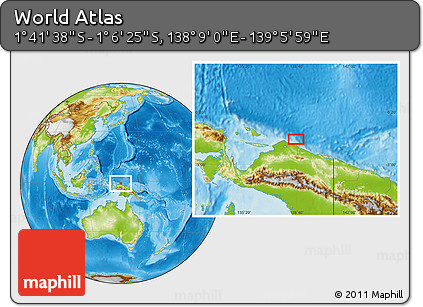 Physical Location Map of the Area around 1° 24' 2" S, 138° 37' 30" E